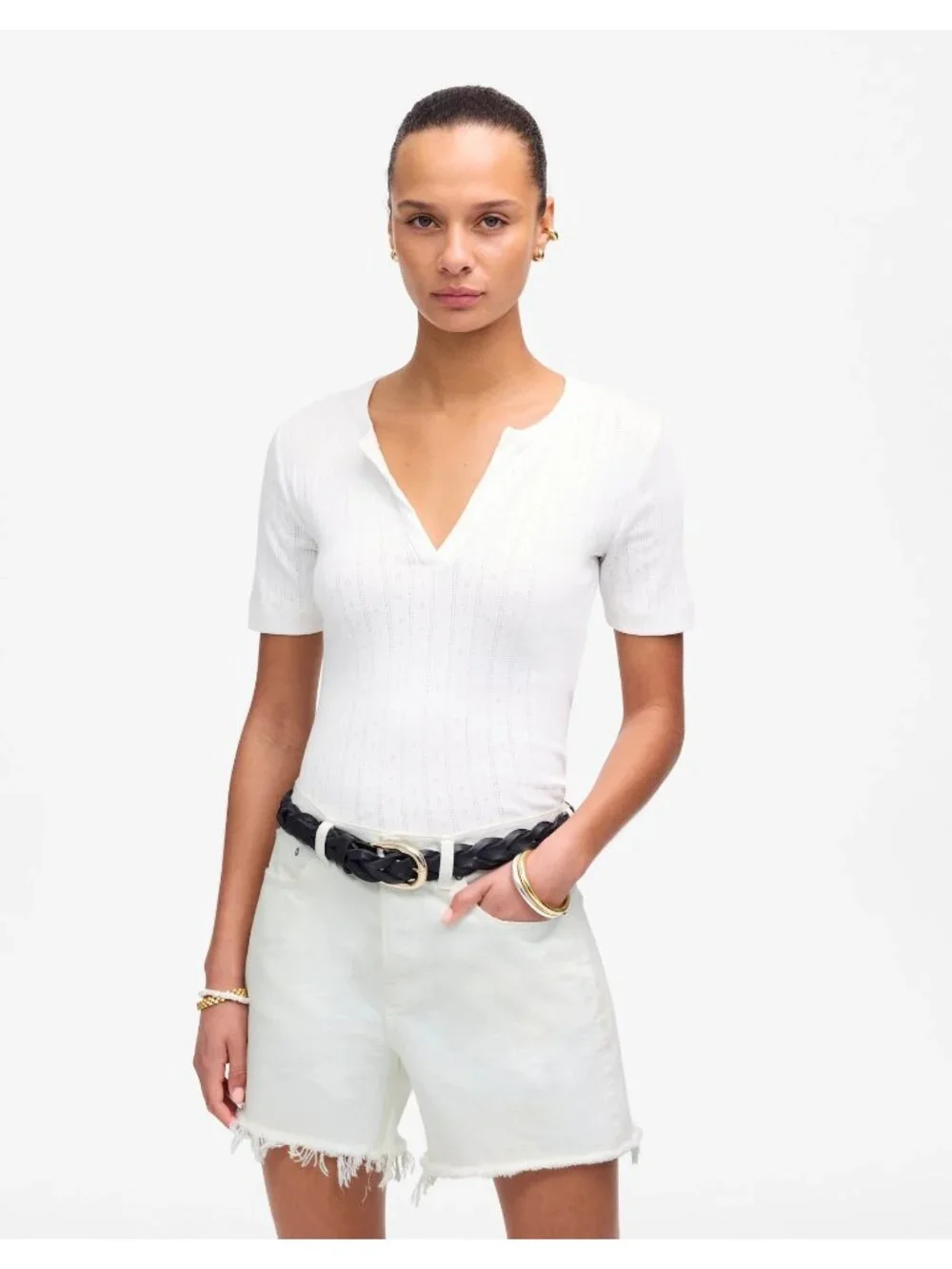 Madewell The Brynn Long Short Women’s 23 Pure White Rigid Denim Raw Hem NWT